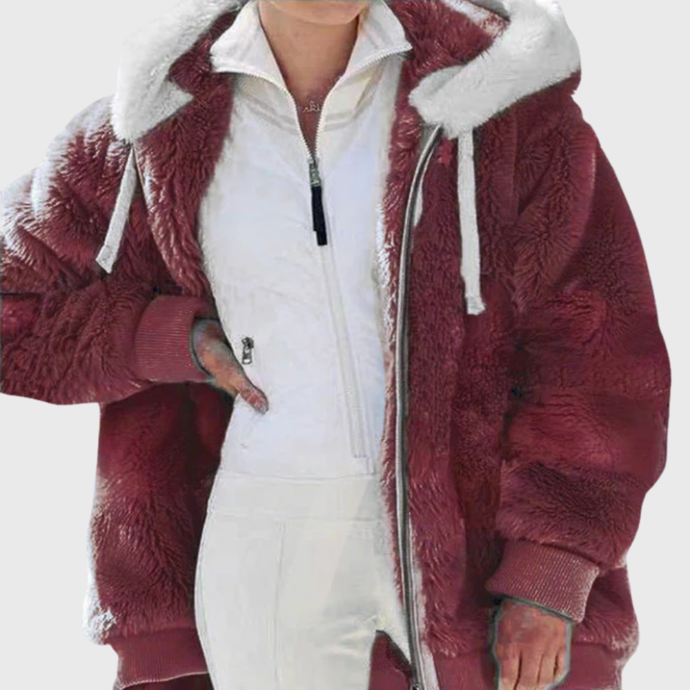 Women's Striped Fleece Puffer Jacket – Red