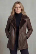 Women's Brown Leather Biker Jacket with Shearling Lining