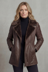 Women's Brown Leather Biker Jacket with Shearling Lining