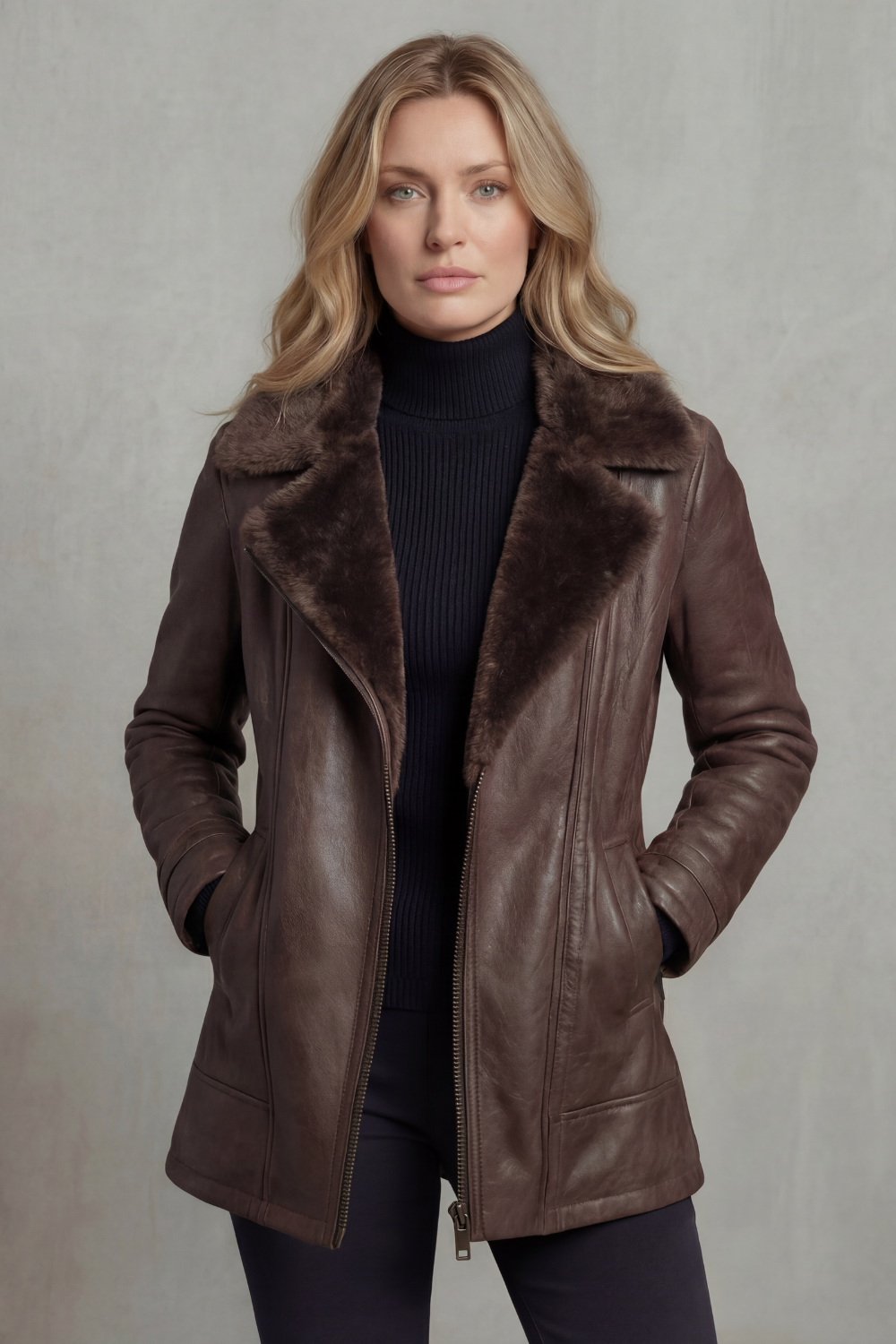 Women's Brown Leather Biker Jacket with Shearling Lining