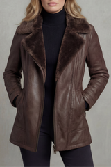 Women's Brown Leather Biker Jacket with Shearling Lining