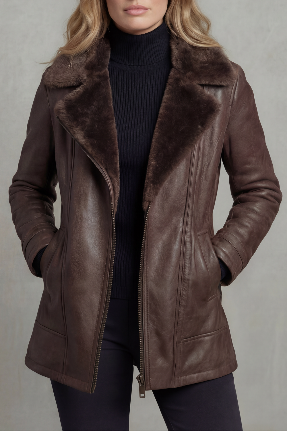 Women's Brown Leather Biker Jacket with Shearling Lining – Brown