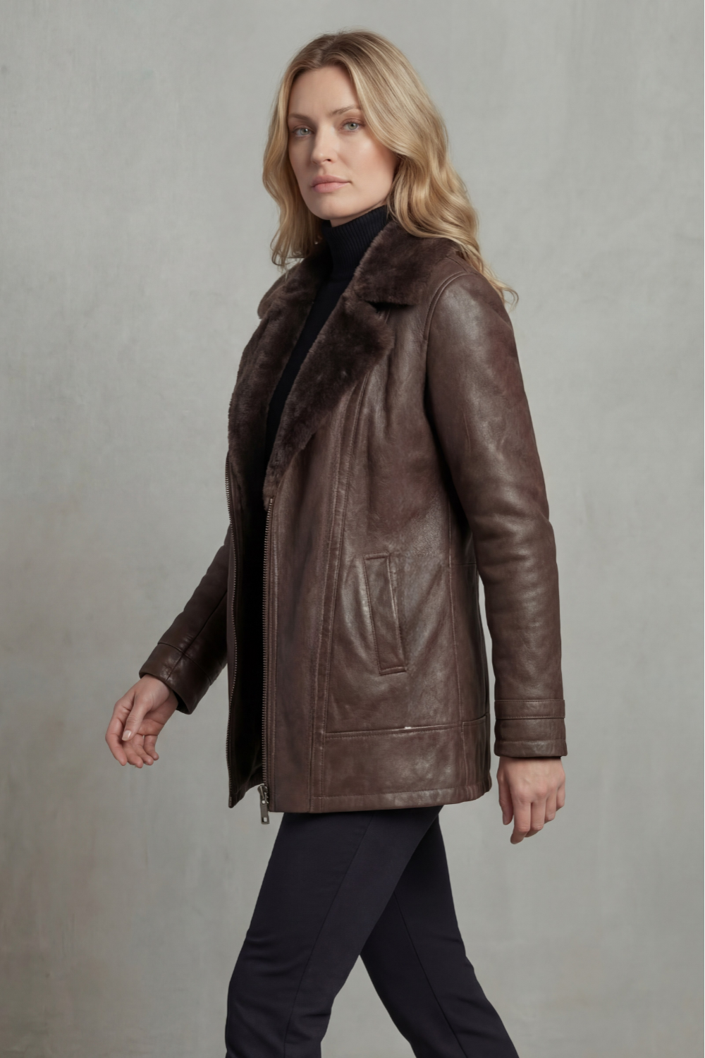 Women's Brown Leather Biker Jacket with Shearling Lining