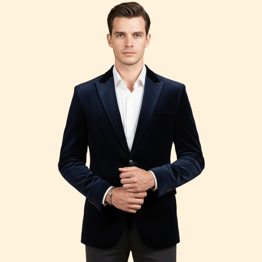 Men's Velvet Evening Blazer – Slim Fit – Navy blue