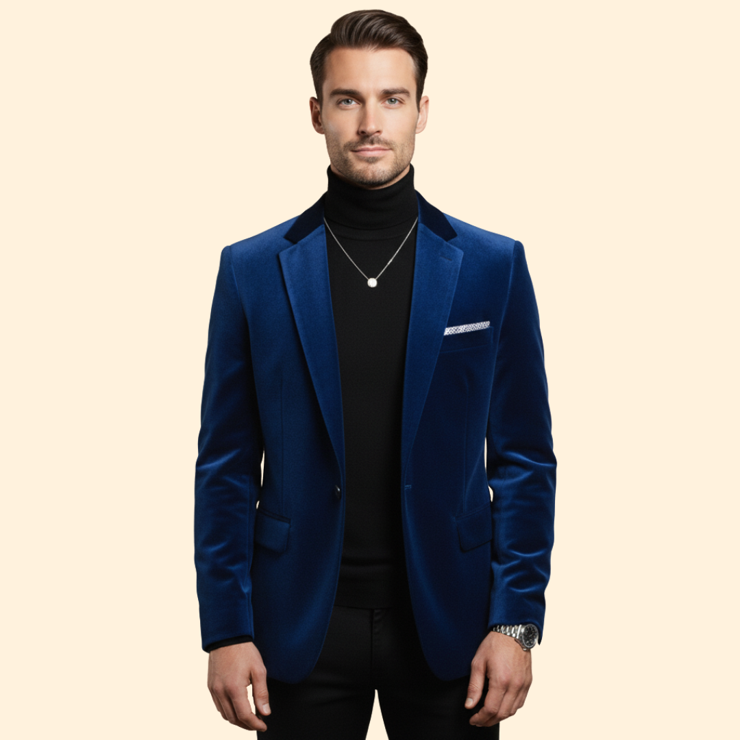 Men's Velvet Evening Blazer – Slim Fit – Blue