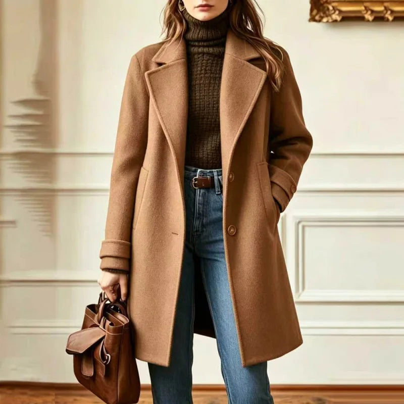 Women's Wool Blend Trench Coat – Mid-Length – Camel