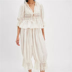 Sage Lace Ruffle Two-Piece Set - Women's Fashion Outfit for Casual Wear