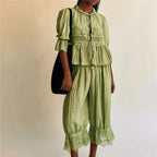 Sage Lace Ruffle Two-Piece Set - Women's Fashion Outfit for Casual Wear