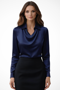 Satin Long Sleeve Draped Neck Blouse for Women - Elegant Casual Top