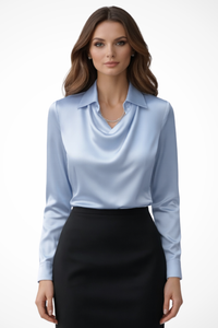 Satin Long Sleeve Draped Neck Blouse for Women - Elegant Casual Top