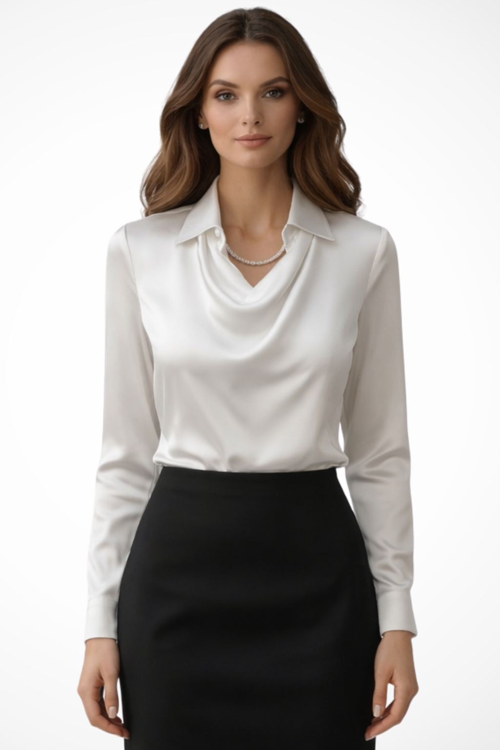 Satin Long Sleeve Draped Neck Blouse for Women - Elegant Casual Top