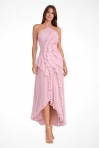 Sleeveless Halter Backless Ruffled Maxi Dress for Summer Wedding Guests
