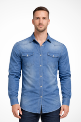 Slim Fit Long Sleeve Denim Shirt for Men - Casual Button Down Design