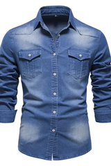 Slim Fit Long Sleeve Denim Shirt for Men - Casual Button Down Design