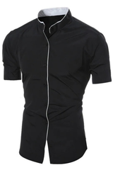 Slim Fit Short Sleeve Button-Up Shirt with Stand Collar for Men