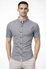 Slim Fit Short Sleeve Button-Up Shirt with Stand Collar for Men