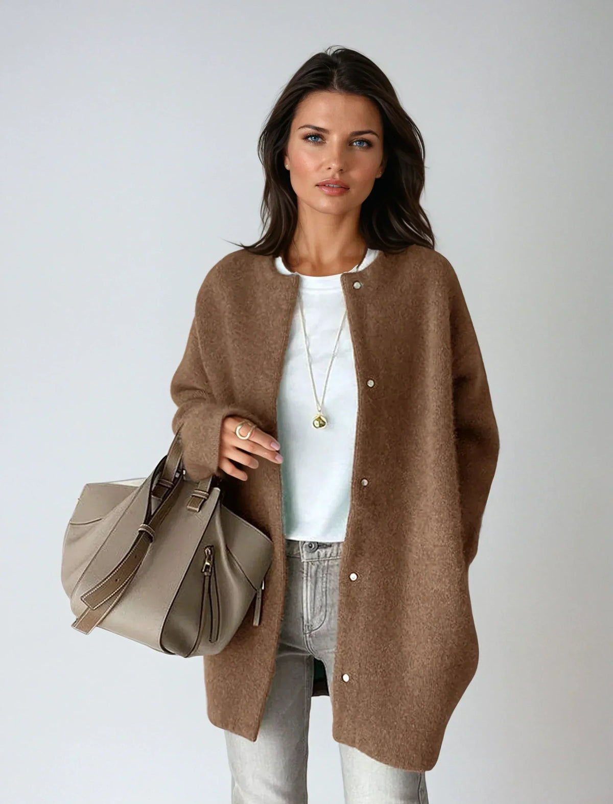 Women's Loose Fit Wool Blend Coat with Button Closure – Khaki