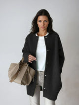 Women's Loose Fit Wool Blend Coat with Button Closure – Black