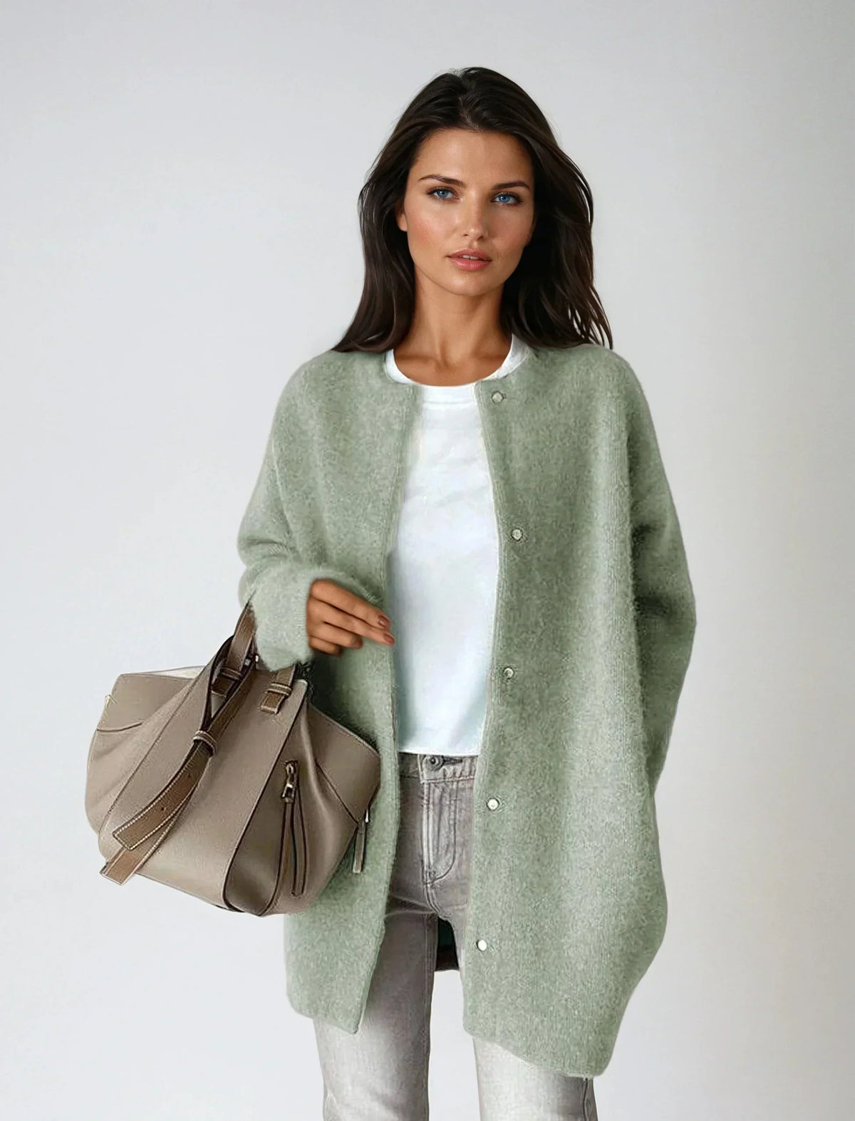 Women's Loose Fit Wool Blend Coat with Button Closure – Green