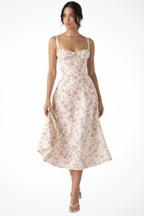 Square Neck Floral Midi Dress with Bow Detail for Wedding Guests