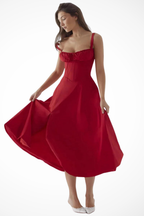 Square Neck Floral Midi Dress with Bow Detail for Wedding Guests