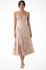 Square Neck Floral Midi Dress with Bow Detail for Wedding Guests