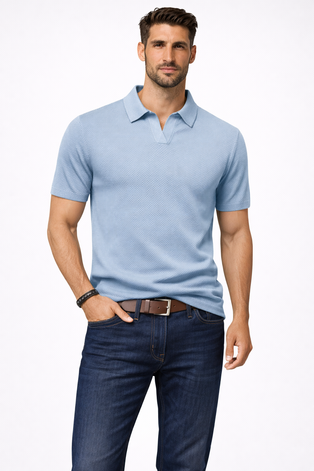 Textured Knit Short Sleeve Polo Shirt for Men - Casual Wear, Comfortable Fit