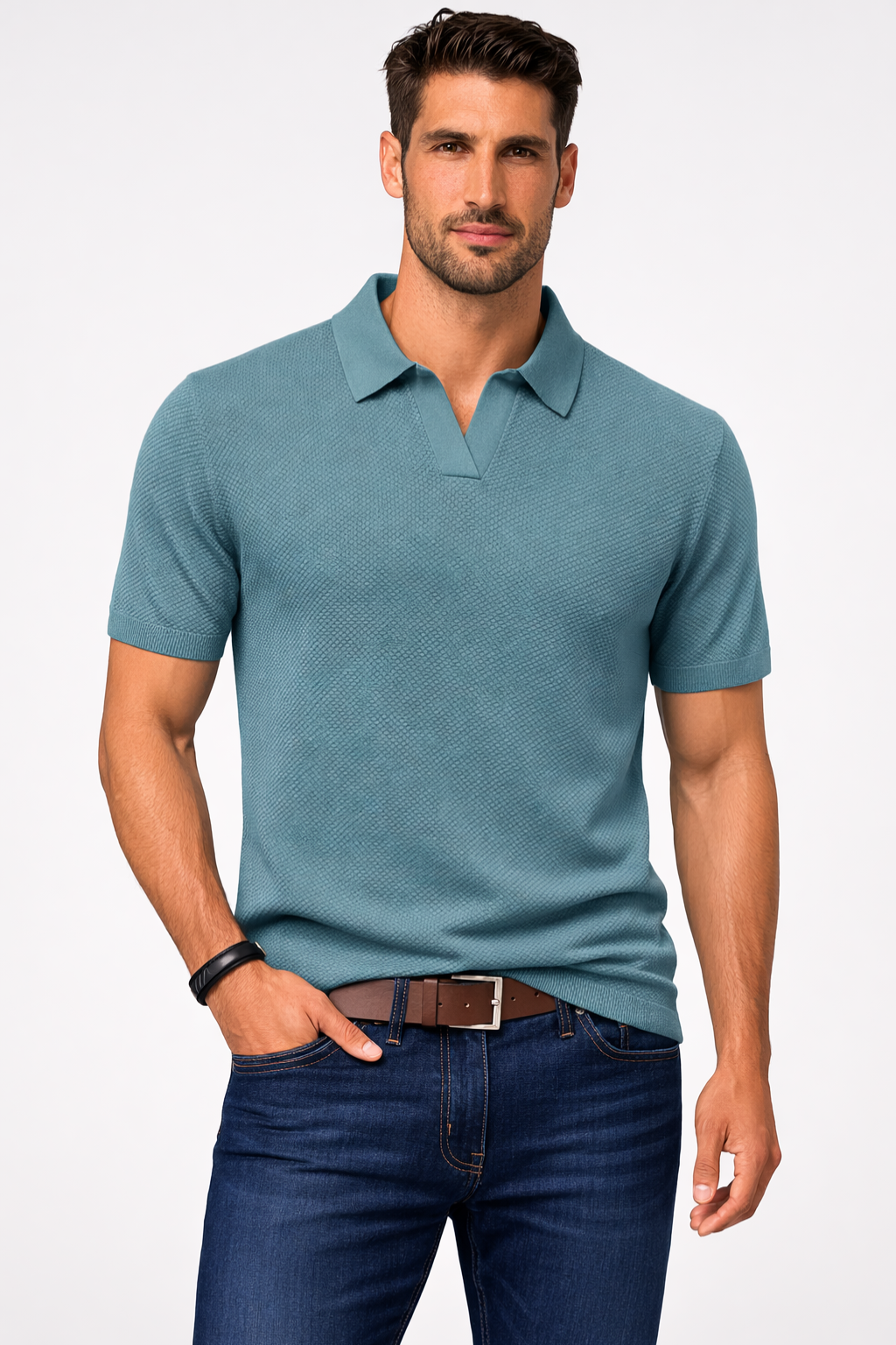 Textured Knit Short Sleeve Polo Shirt for Men - Casual Wear, Comfortable Fit