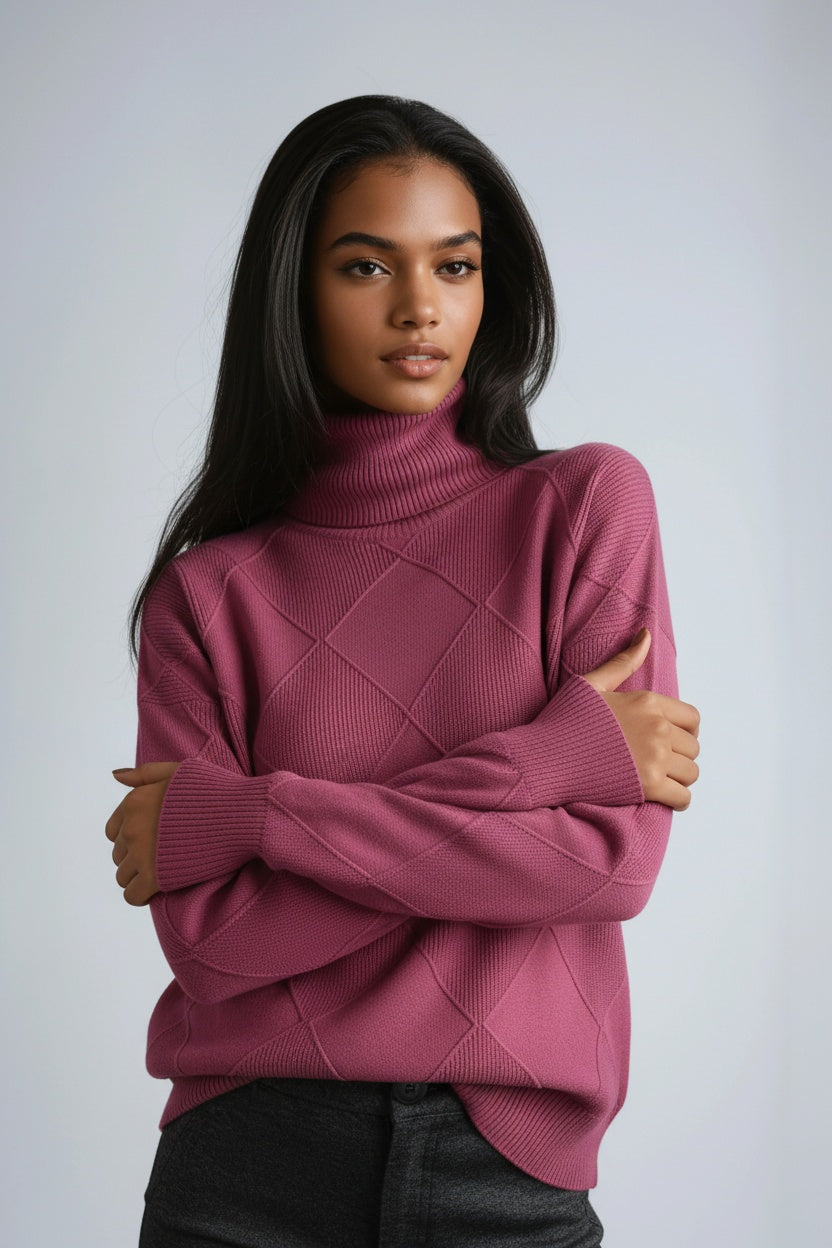 Women's Diamond Knit Roll Neck Jumper – Pink