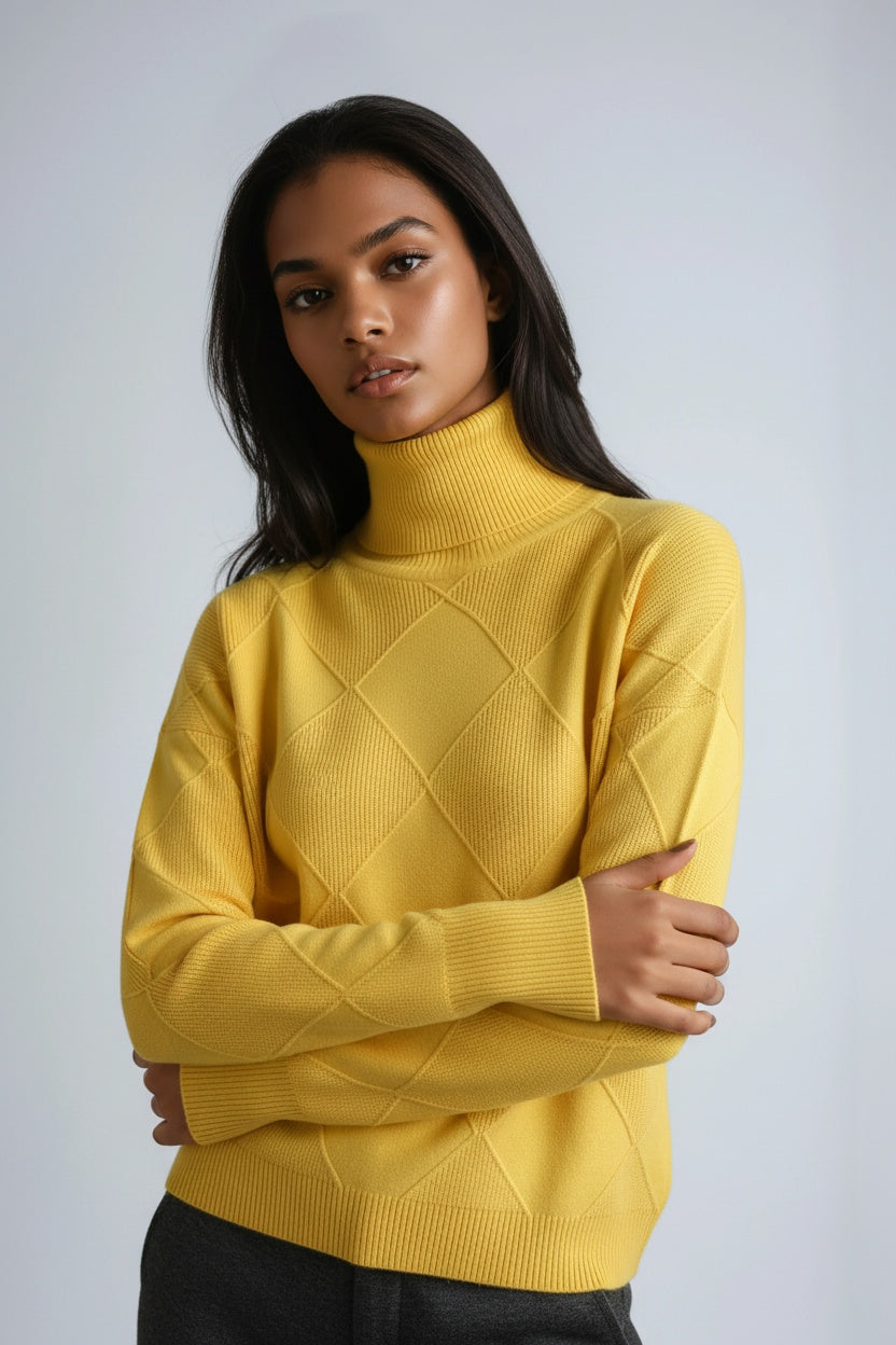 Women's Diamond Knit Roll Neck Jumper – Yellow