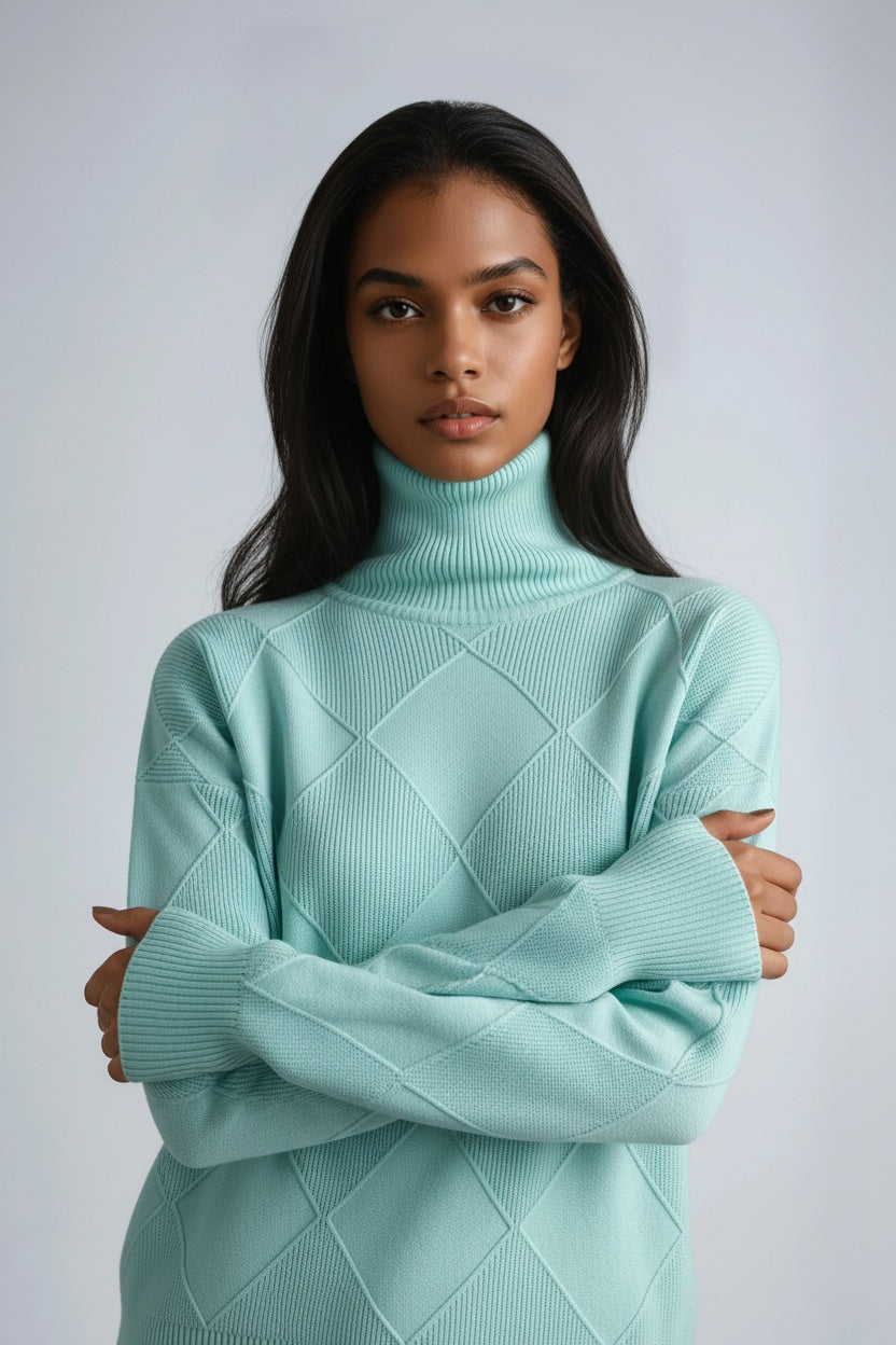 Women's Diamond Knit Roll Neck Jumper – Turquoise