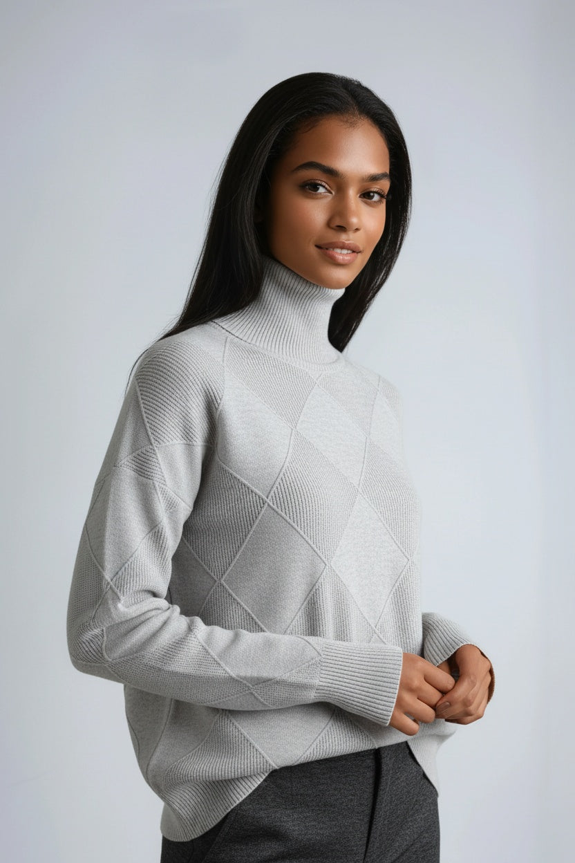 Women's Diamond Knit Roll Neck Jumper – Grey