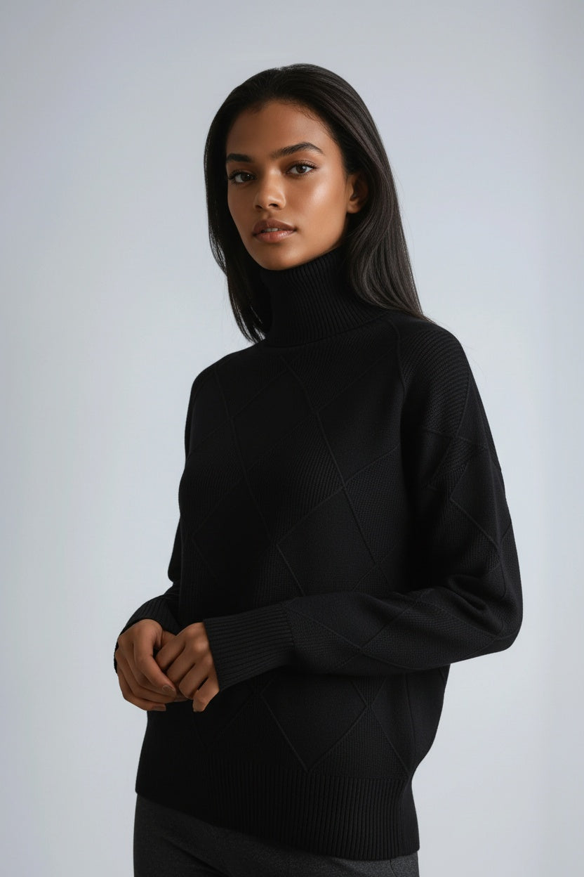 Women's Diamond Knit Roll Neck Jumper – Black