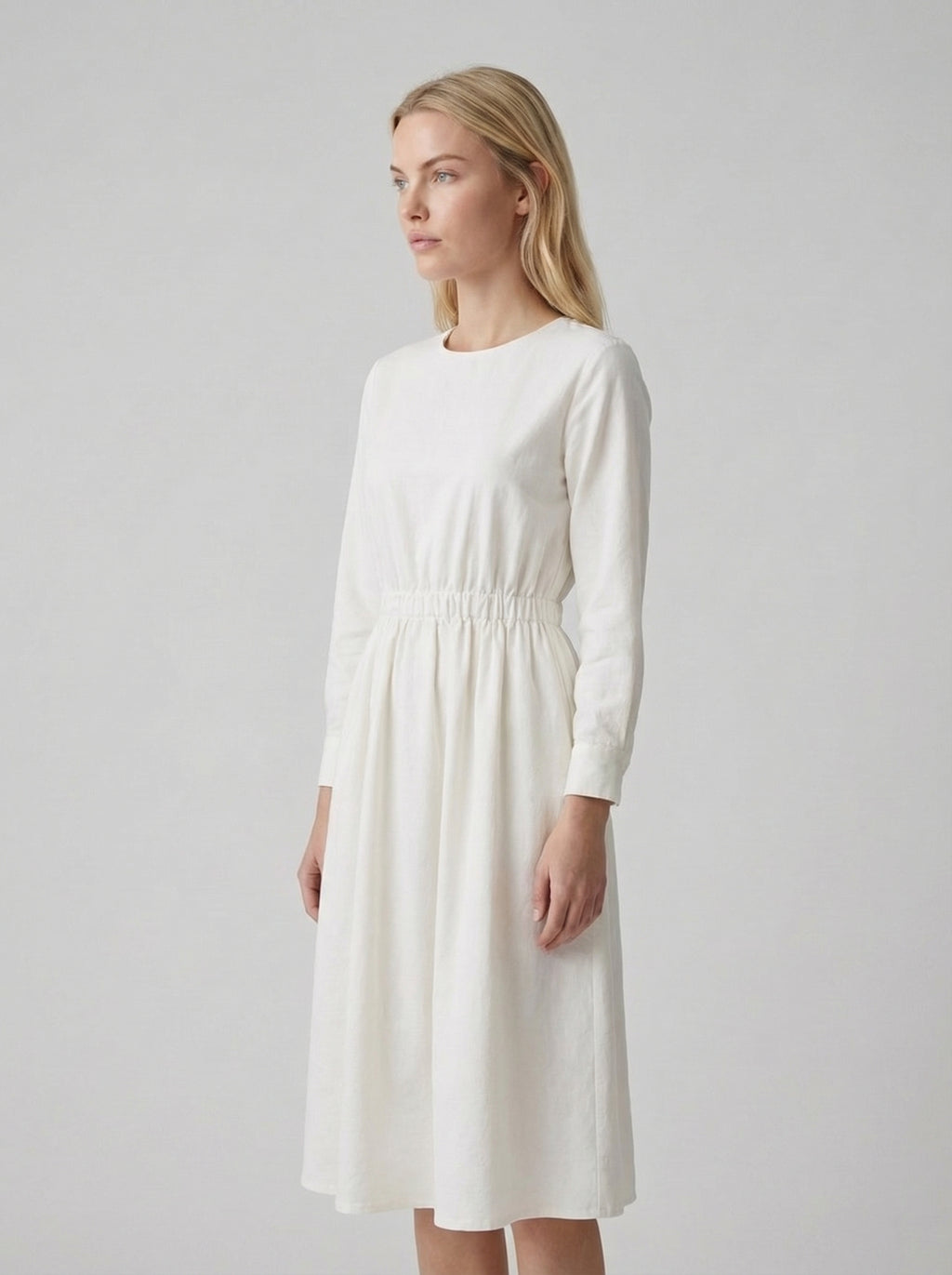 White Cotton Linen Midi Dress with Long Sleeves for Casual Wear