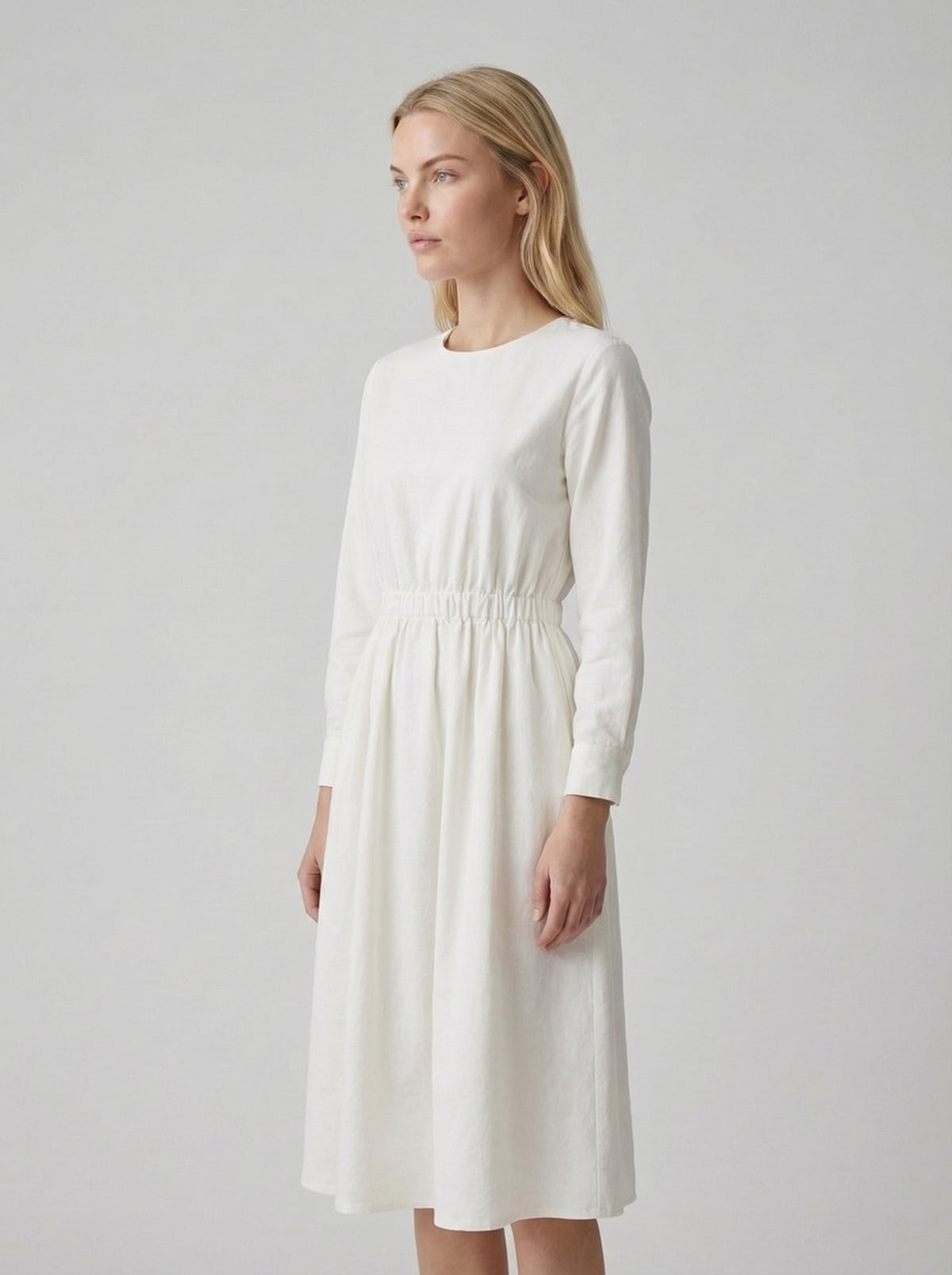 White Cotton Linen Midi Dress with Long Sleeves for Casual Wear