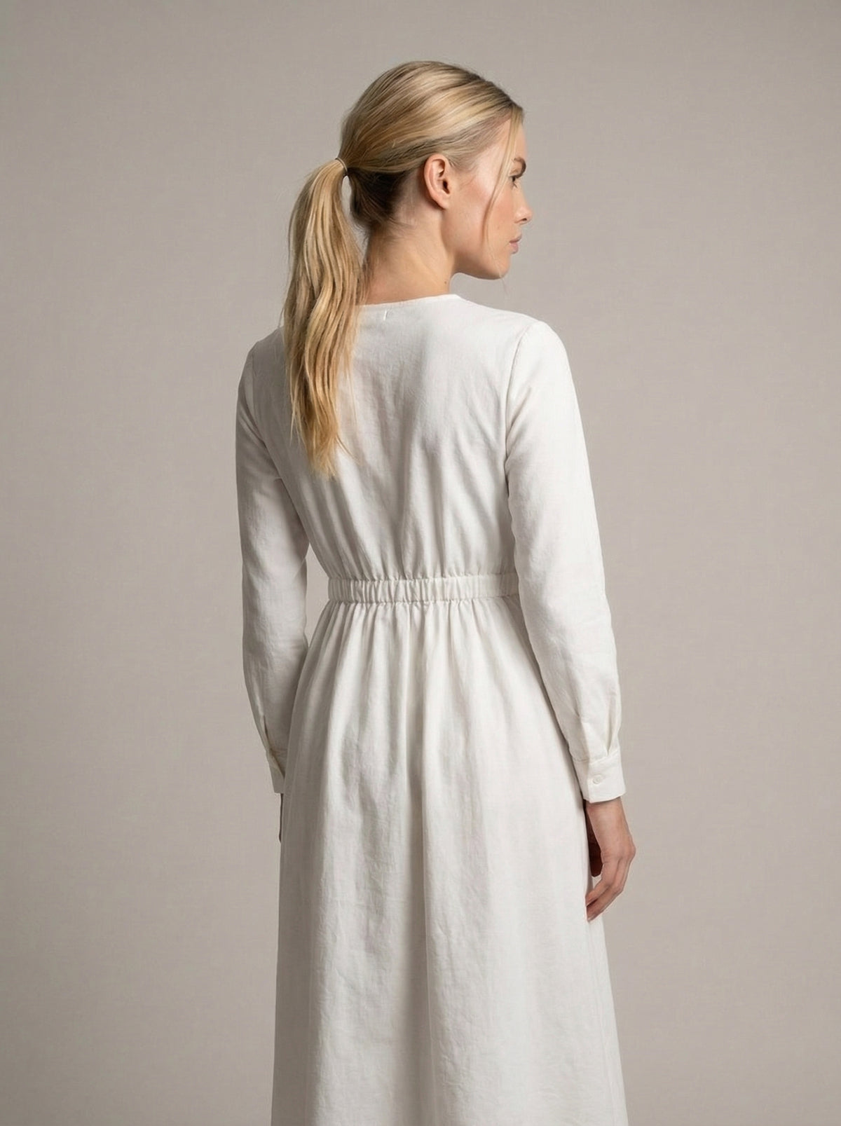 White Cotton Linen Midi Dress with Long Sleeves for Casual Wear