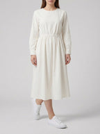 White Cotton Linen Midi Dress with Long Sleeves for Casual Wear