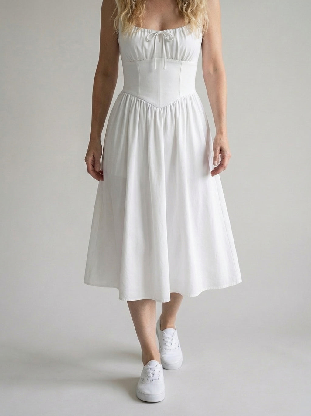White Linen Midi Dress for Women - Square Neck Design, Casual Summer Wear