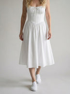 White Linen Midi Dress for Women - Square Neck Design, Casual Summer Wear
