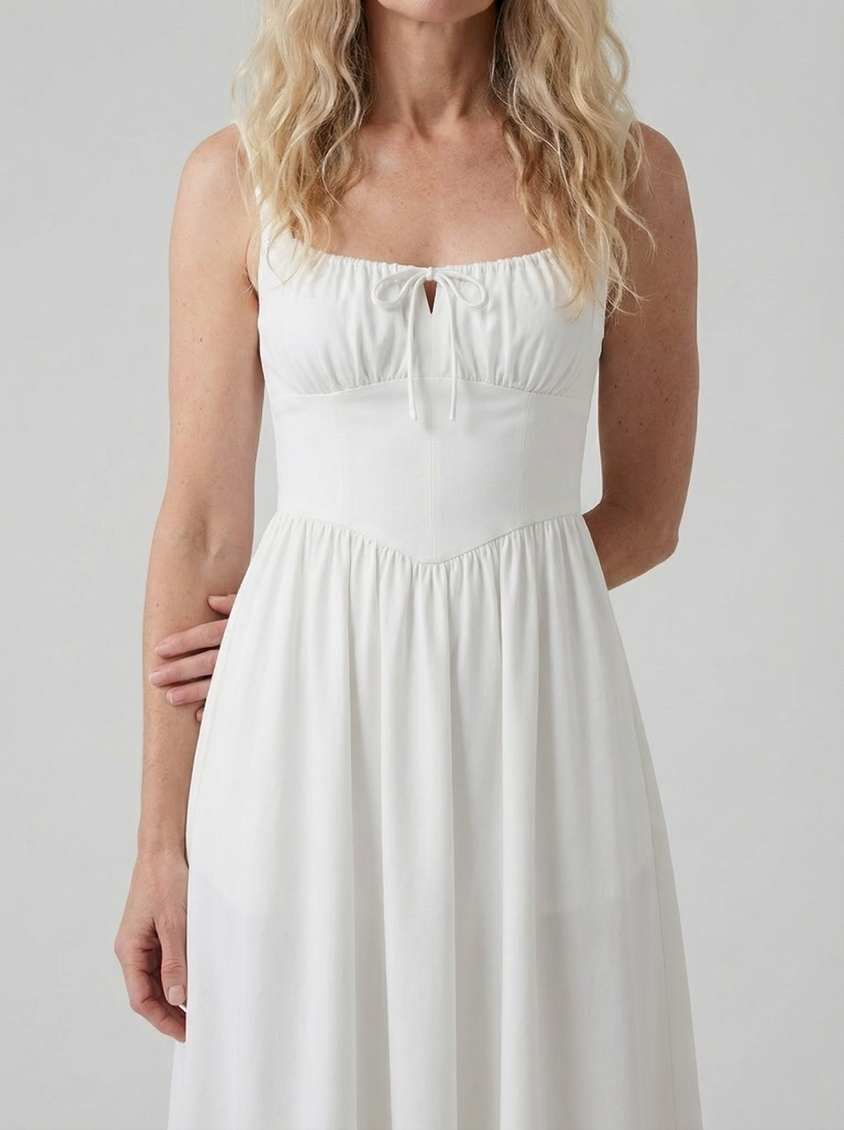 White Linen Midi Dress for Women - Square Neck Design, Casual Summer Wear