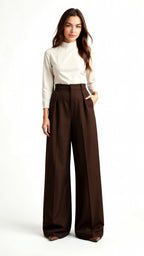 Wide-Leg High Waist Trousers for Women - Pleated Design with Side Pockets - Casual and Stylish Everyday Wear