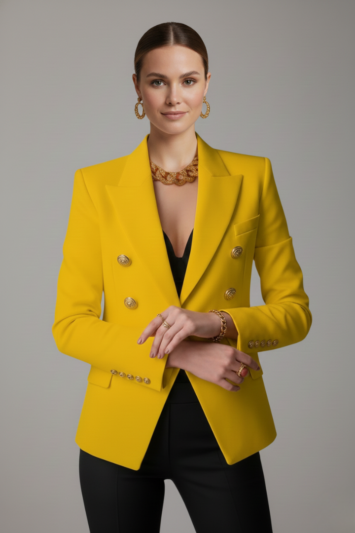 Women's Double-Breasted Blazer with Gold Buttons – Tailored Office Jacket, Smart Casual Everyday Workwear