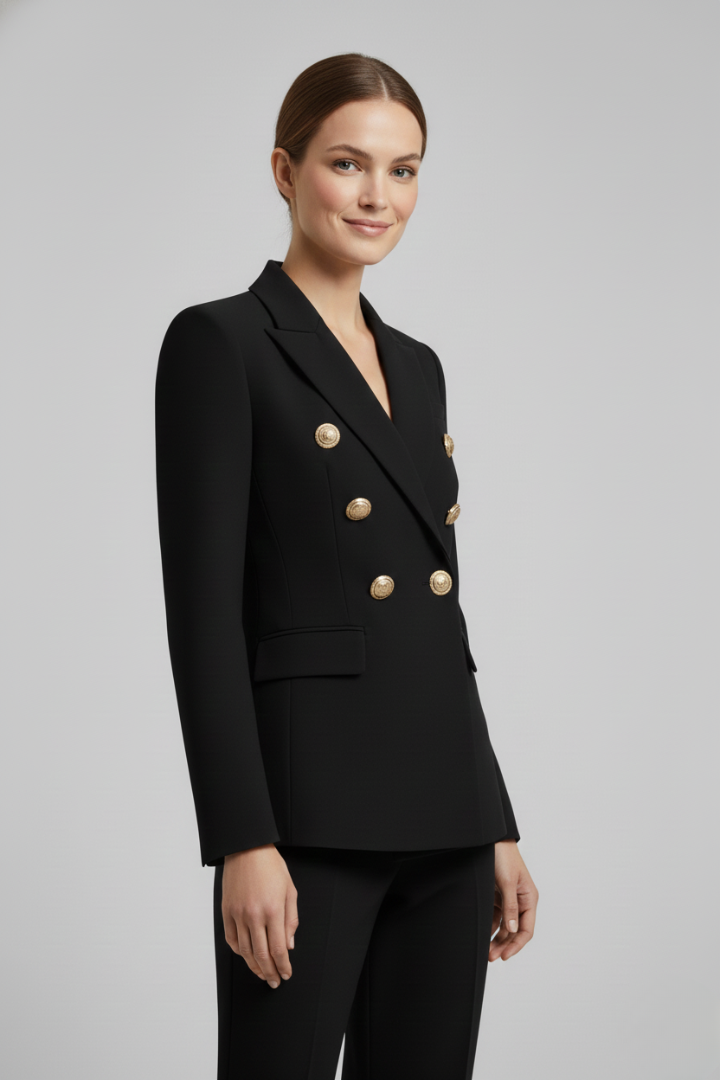 Women's Double-Breasted Blazer with Gold Buttons – Tailored Office Jacket, Smart Casual Everyday Workwear