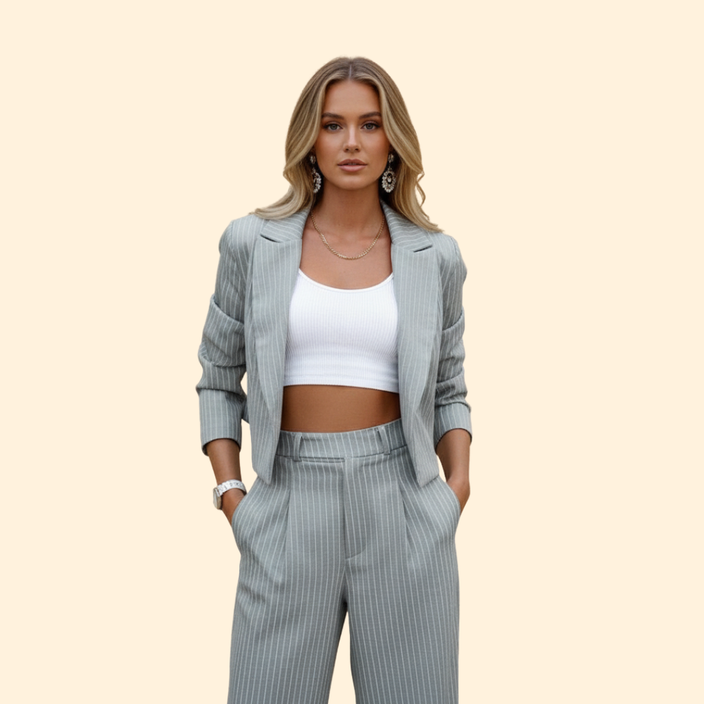 Women's Two-Piece Pinstripe Suit – Cropped Blazer & Wide-Leg Trousers – Grey