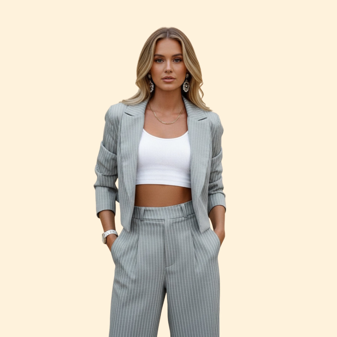 Women's Two-Piece Pinstripe Suit – Cropped Blazer & Wide-Leg Trousers – Grey