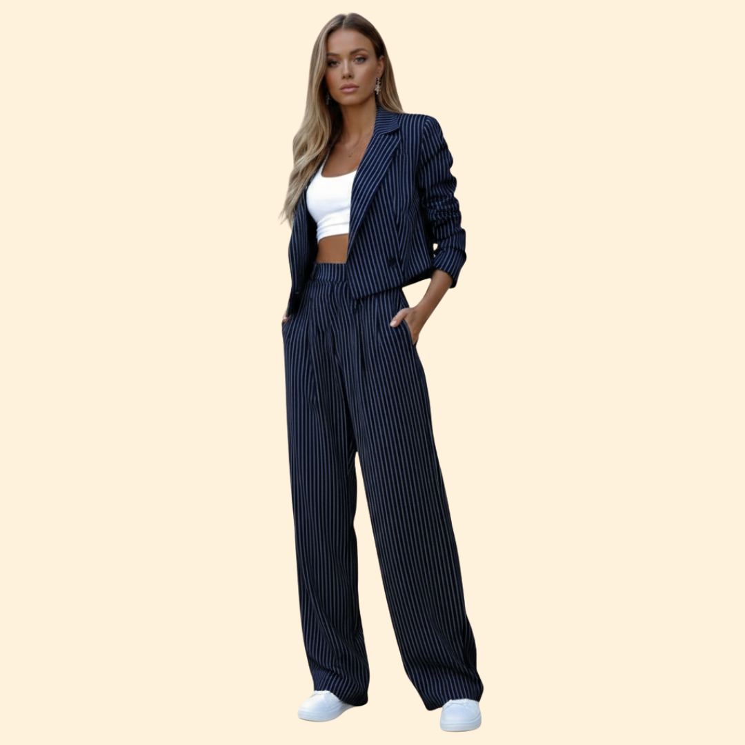 Women's Two-Piece Pinstripe Suit – Cropped Blazer & Wide-Leg Trousers – Blue