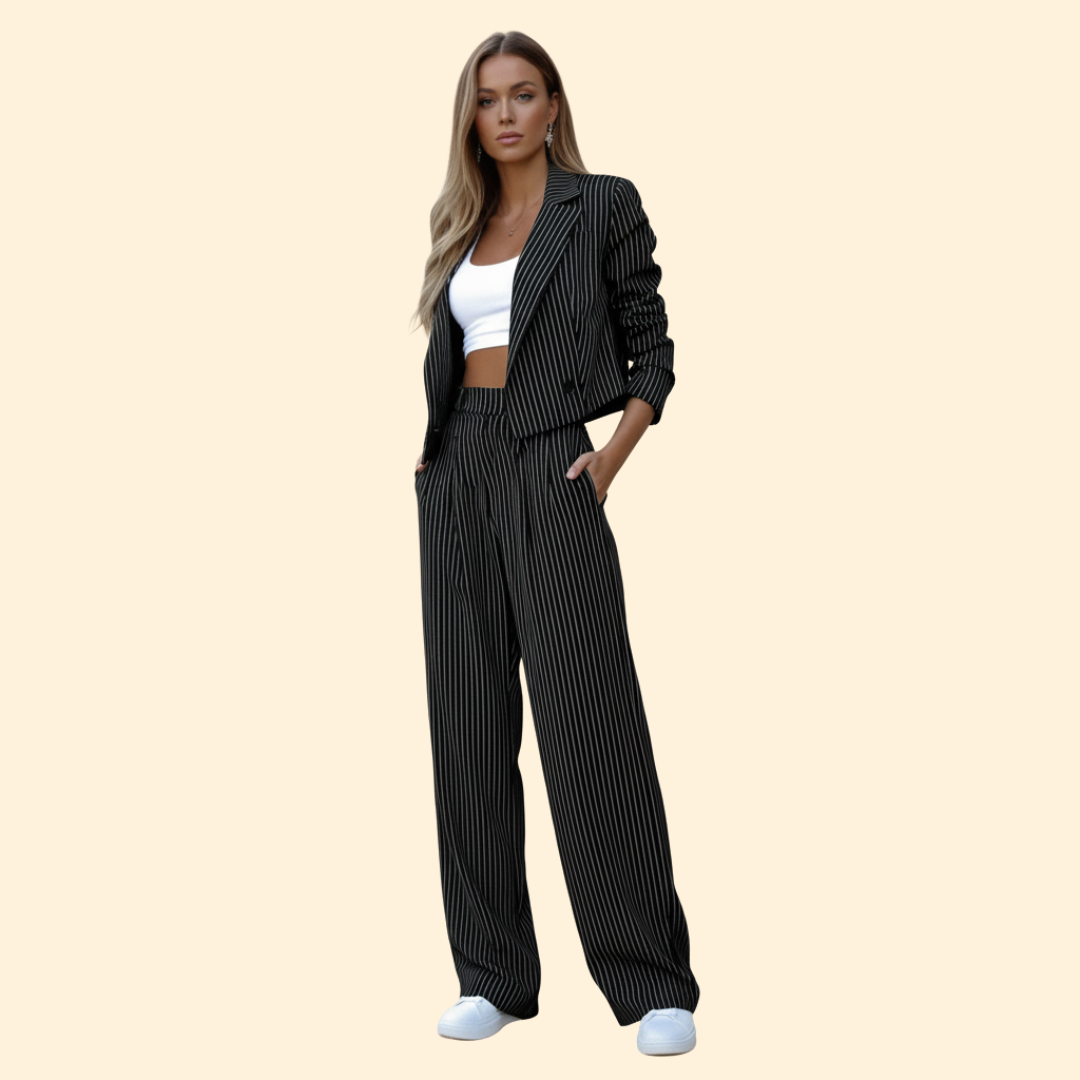 Women's Two-Piece Pinstripe Suit – Cropped Blazer & Wide-Leg Trousers – Black