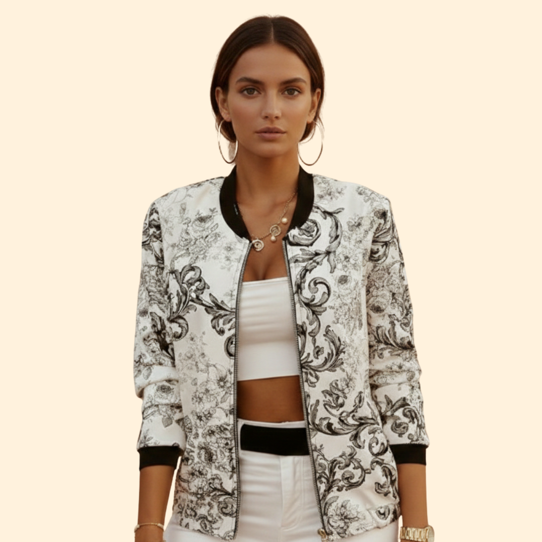 Women's Printed Bomber Jacket – Ribbed Cuffs – Black