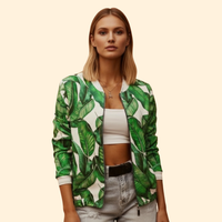 Women's Printed Bomber Jacket – Ribbed Cuffs – Green