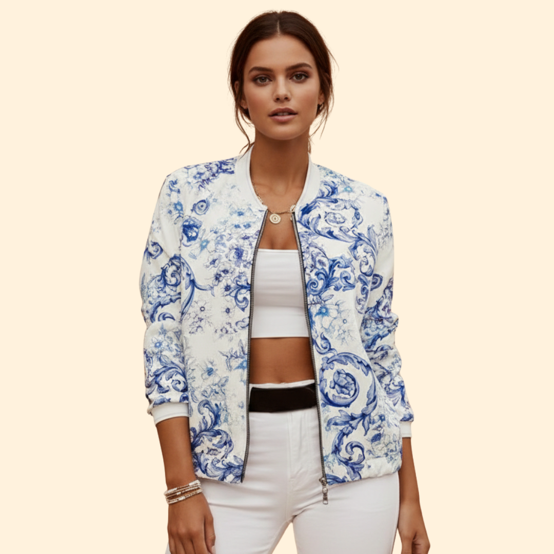 Women's Printed Bomber Jacket – Ribbed Cuffs – Blue